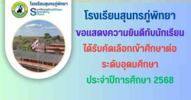 โรงเรียนสุนทรภู่พิทยาขอแสดงความยินดี กับนักเรียนที่สอบเข้าศึกษาต่อระดับอุดมศึกษา ปีการศึกษา 2568